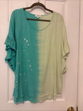 Umgee Teal and Mint Ombre Ruffle Sleeve Tunic